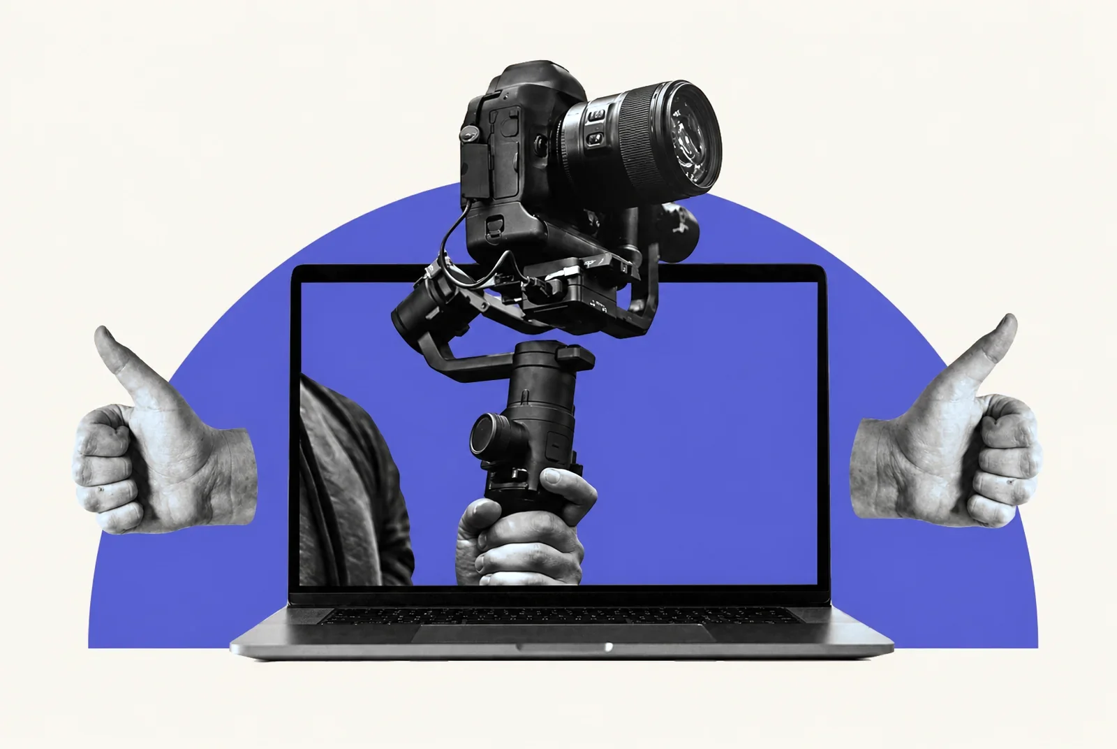 Laptop iz kojeg izlazi fotoaparat na stabilizatoru, s dvije ruke koje podižu palac